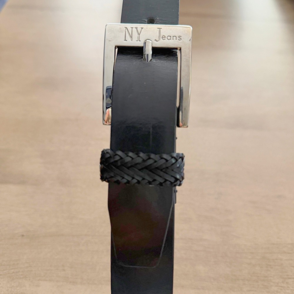 NY Jeans Womens Black Genuine Leather Belt Silver Buckle Braided Keeper Size L